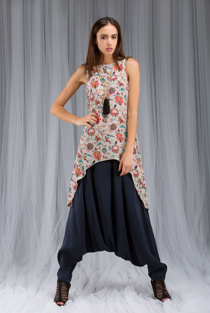 Khaki Anaar aur Mor Print Tunic and Low Crotch Pant Set