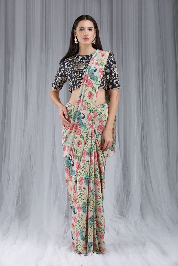 Khaki Anar aur Mor Print Saree Set