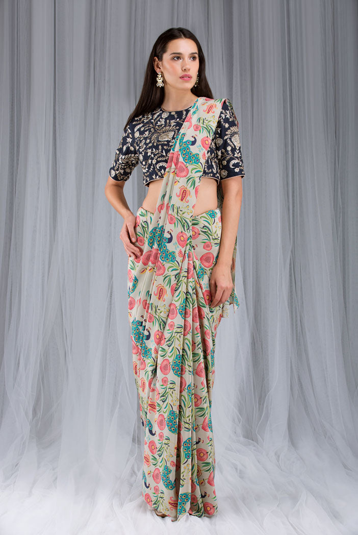 Khaki Anar aur Mor Print Saree Set