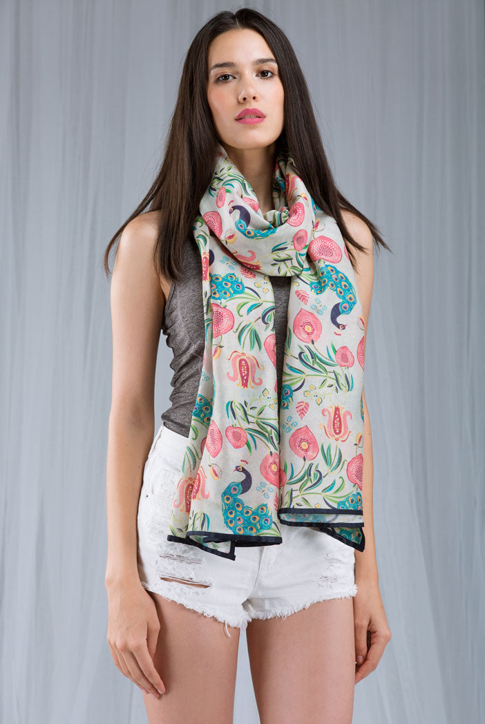Khaki Anaar Aur Mor Print Full Width Scarf