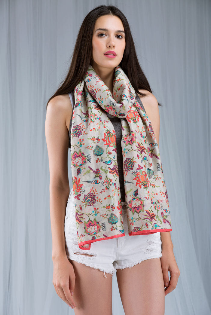 Khaki Chidiya Print Full Width Scarf