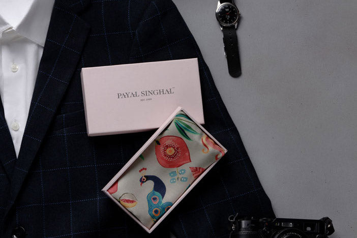 PS Men Khaki Anaar Aur Mor Print Pocket Square