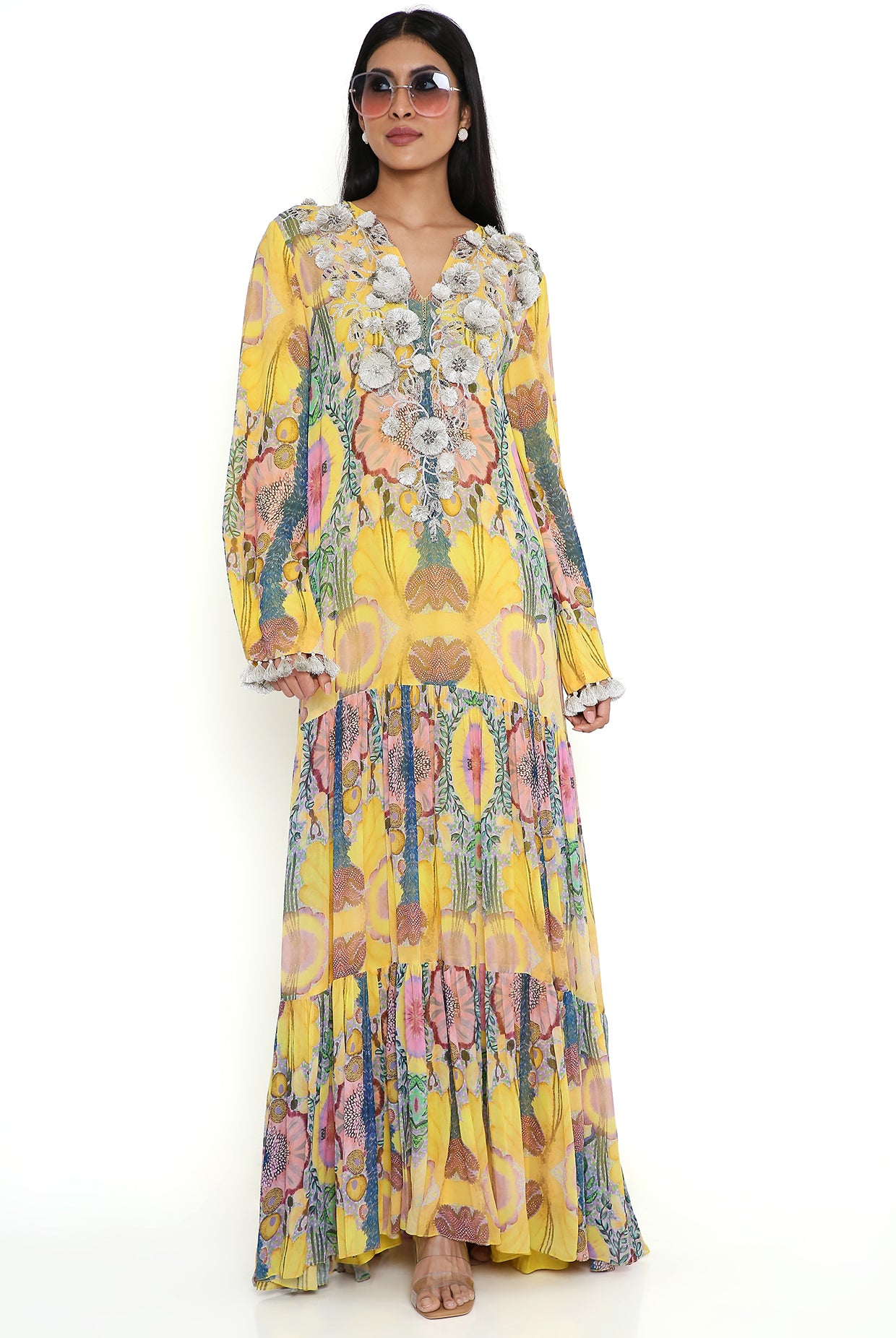 Yellow Enchanted Print Embroidered Yoke Art Georgette Boho Dress