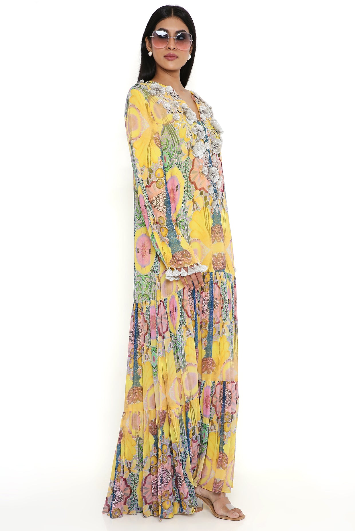 Yellow Enchanted Print Embroidered Yoke Art Georgette Boho Dress