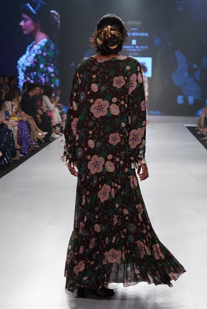 Amineh Brown Printed Georgette Tiered Dress