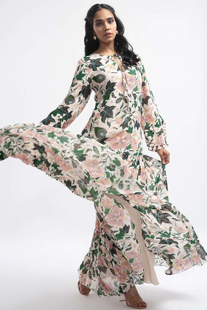 White Colour Printed Art Georgette Tiered Dress
