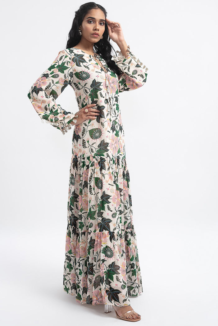 White Colour Printed Art Georgette Tiered Dress