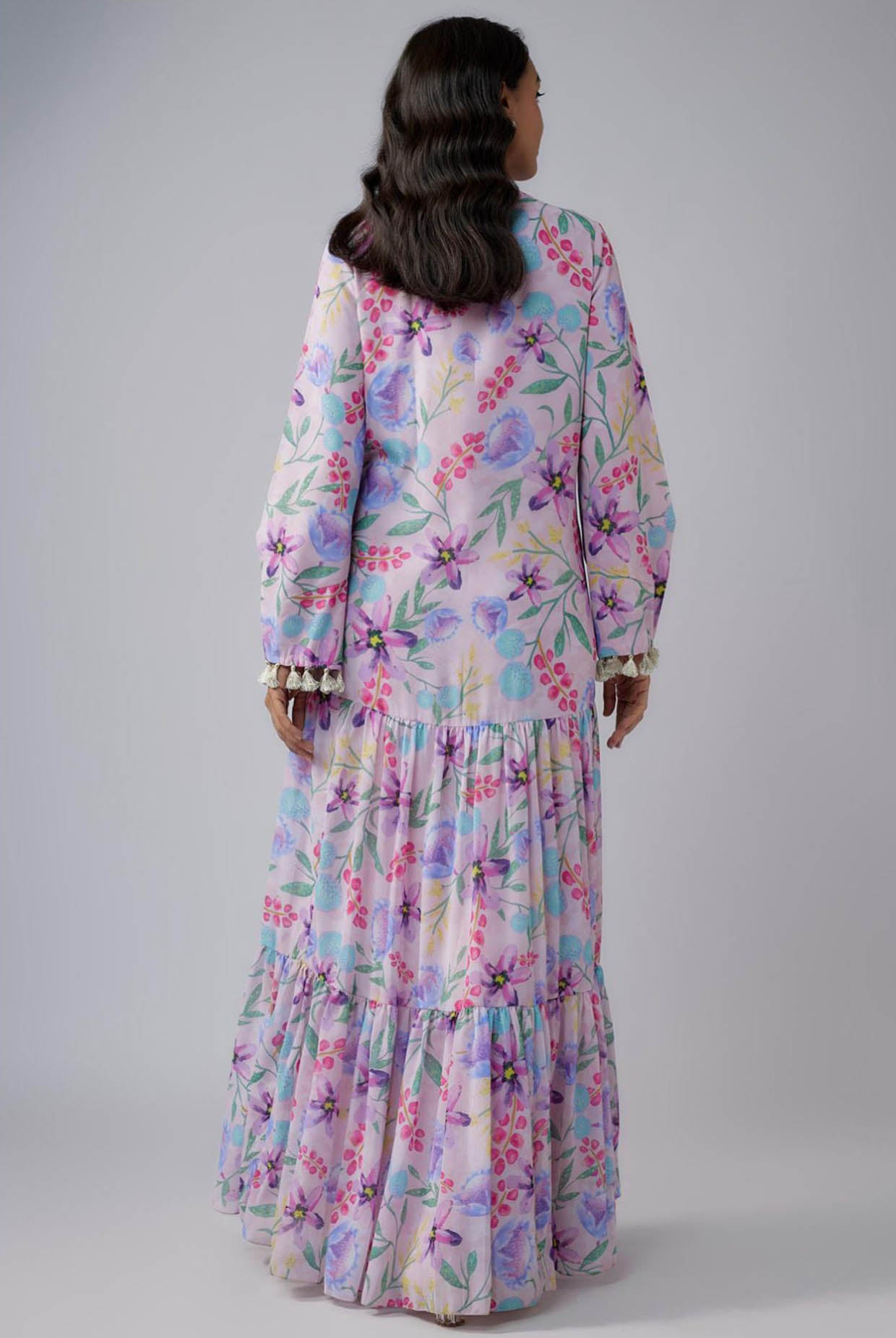 Pink Printed Art Georgette Tiered Dress