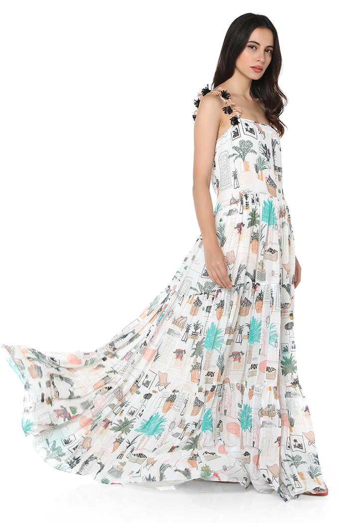White Colour Printed Art Georgette Long Tiered Dress