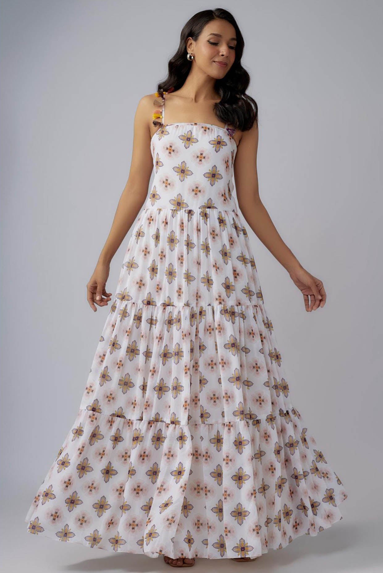 Ivory Printed Art Georgette Long Trapese Dress