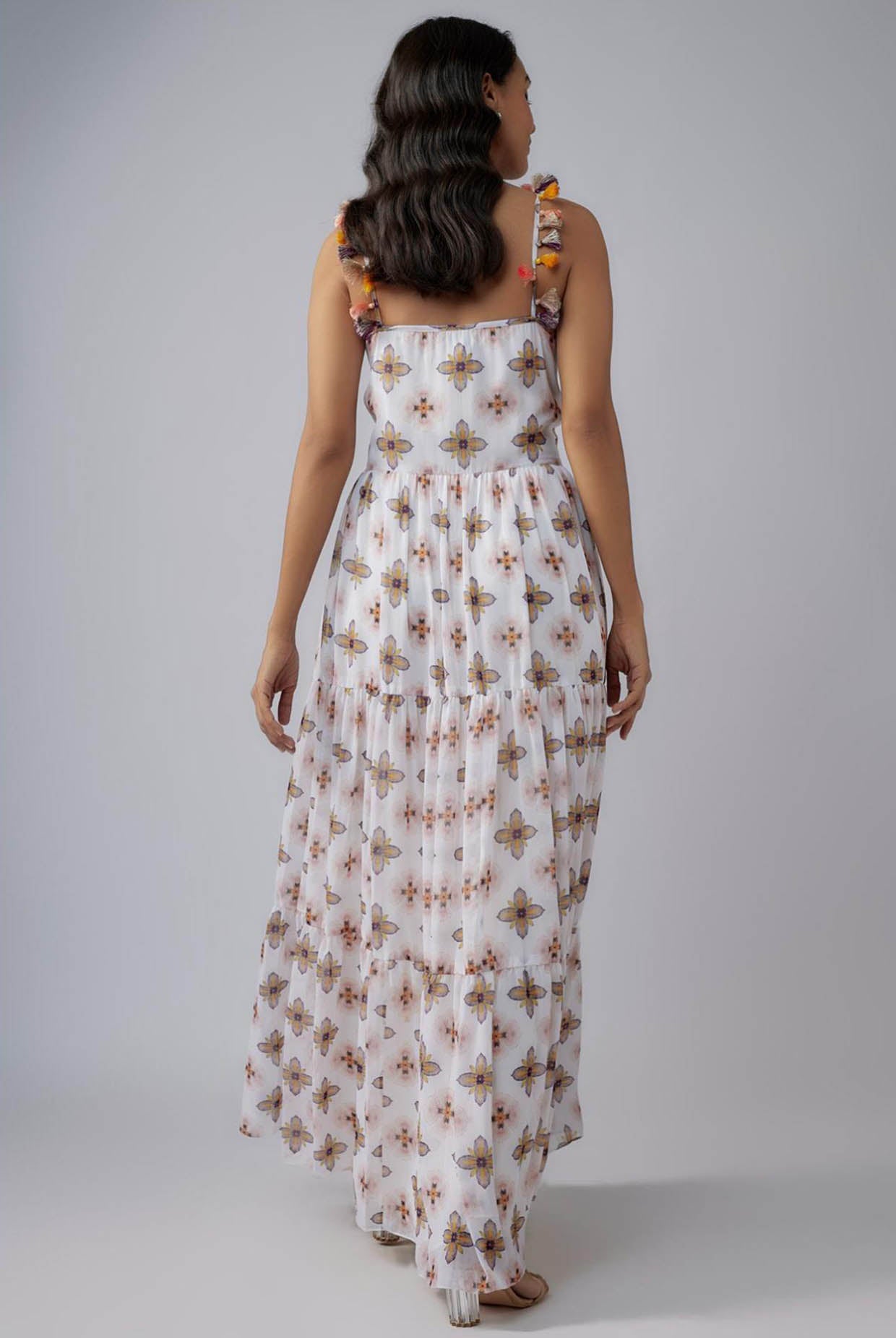Ivory Printed Art Georgette Long Trapese Dress