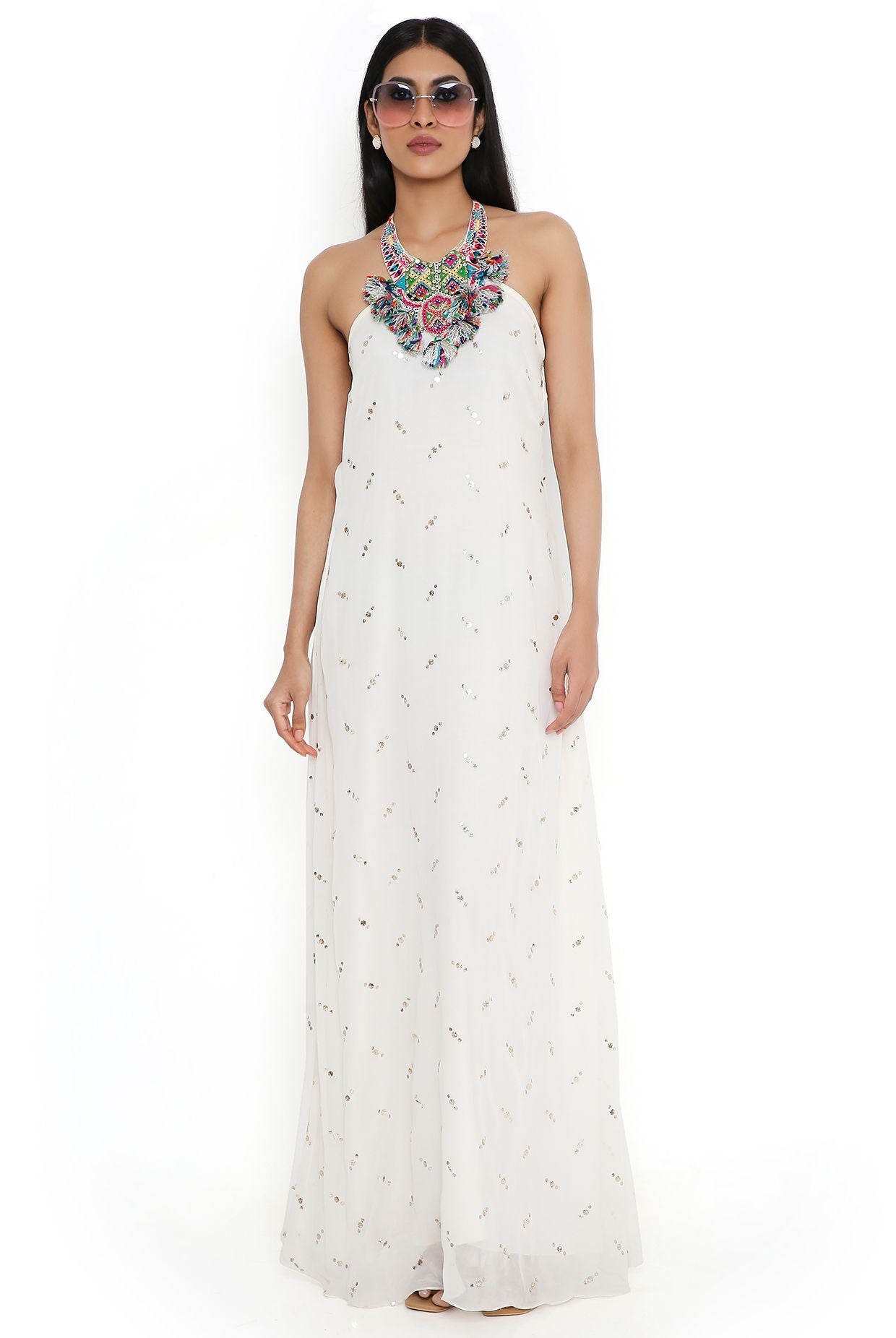 Off-Whtie Mukaish Georgette Dress With Attached Embroidered Necklace Yoke