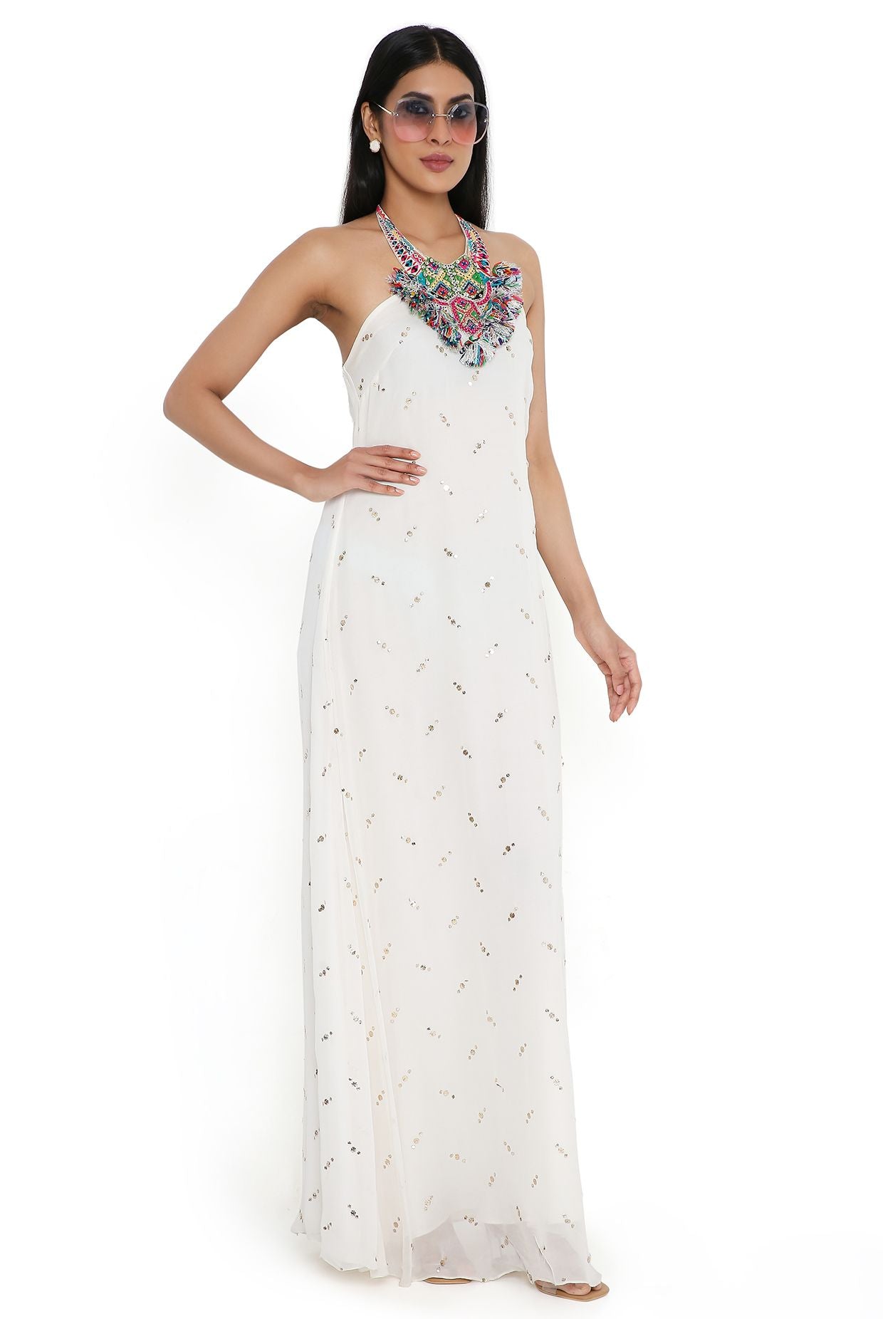 Off-Whtie Mukaish Georgette Dress With Attached Embroidered Necklace Yoke