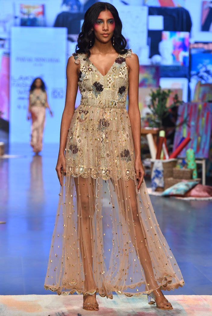 Mirai Off White Georgette Embroidered Dress With Rose Pink Net Overlay Skirt