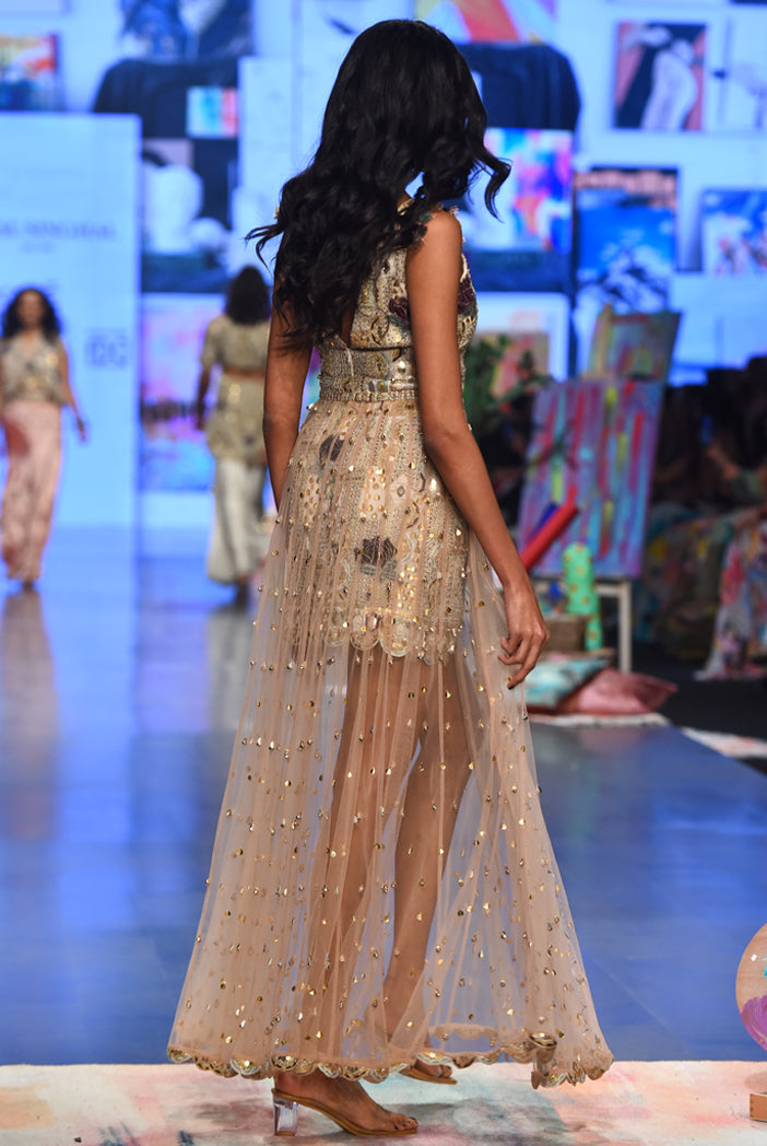 Mirai Off White Georgette Embroidered Dress With Rose Pink Net Overlay Skirt