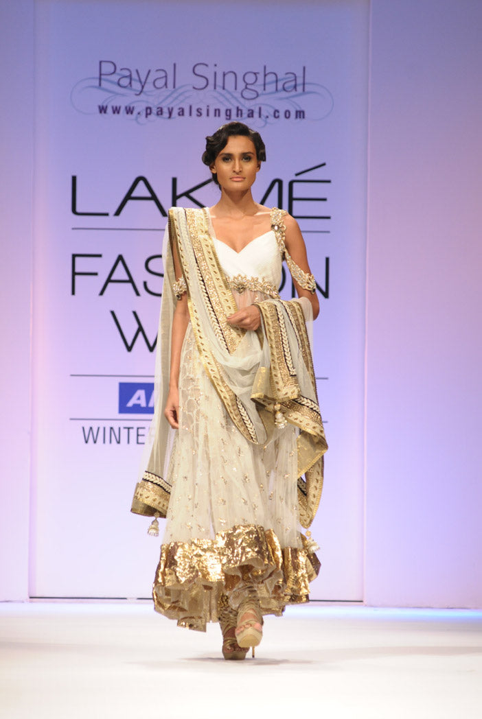 Off White Mukaish Kurta with Brocade Pants and Net Dupatta
