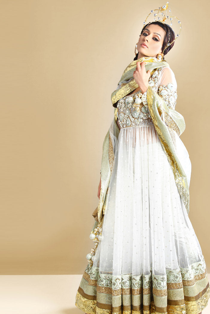 Off White Mukaish Kurta with Sea Green Pants