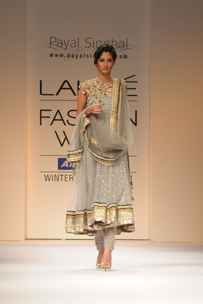 Grey Mukaish Cutwork Kurta with churidar and Dupatta