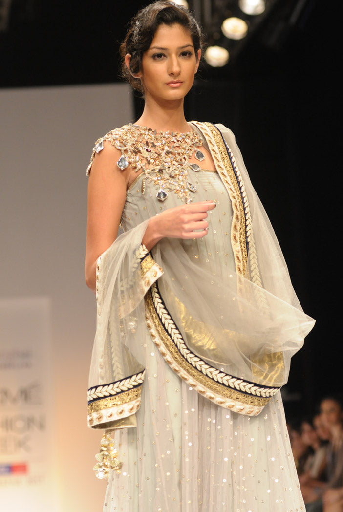Grey Mukaish Cutwork Kurta with churidar and Dupatta