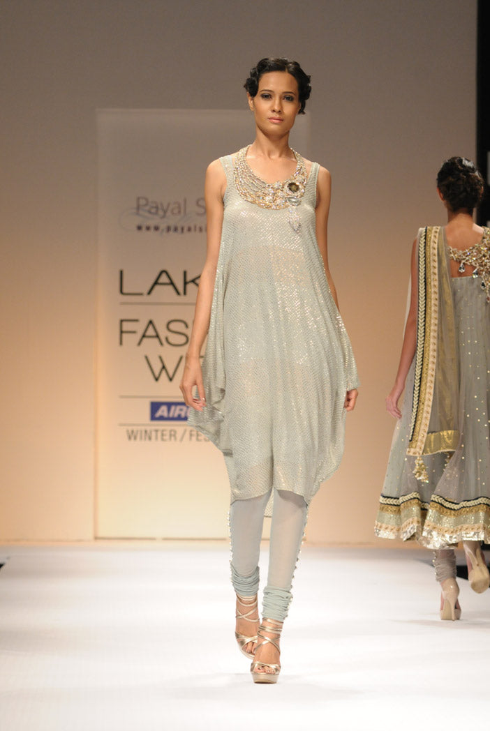 Grey Mukaish Cowl Kurta with churidar
