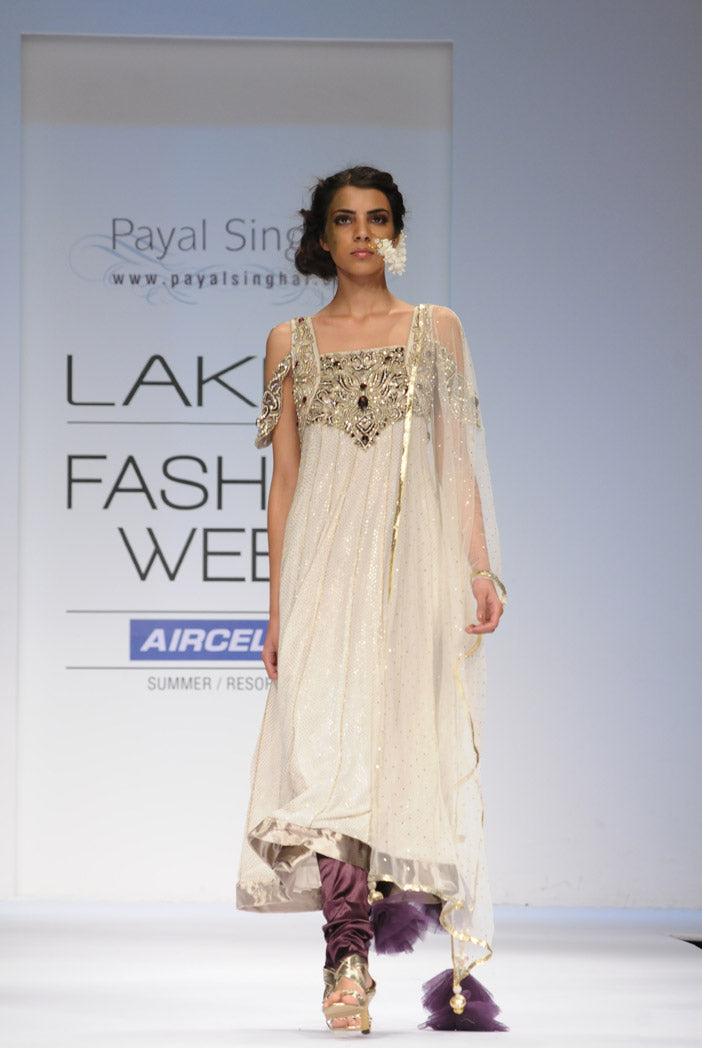 Sanaa Cream Georgette Mukaish Kalidaar Kurta with Purple Satin churidar and Tulle Mukaish Dupatta