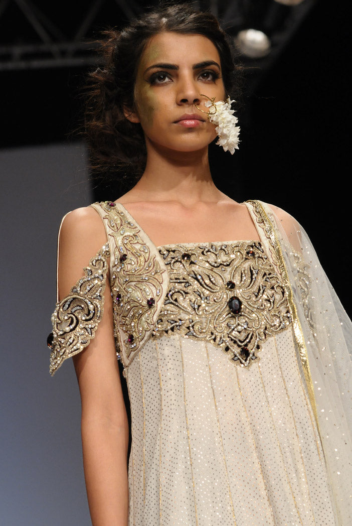 Sanaa Cream Georgette Mukaish Kalidaar Kurta with Purple Satin churidar and Tulle Mukaish Dupatta