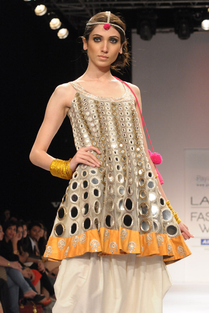 Cream Net Short Anarkali with Cream Cotton Silk salwar