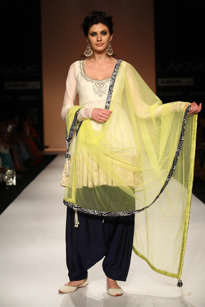 Sanam Cream Silkmul Anarkali with Navy Salwar and Lime Tule Dupatta