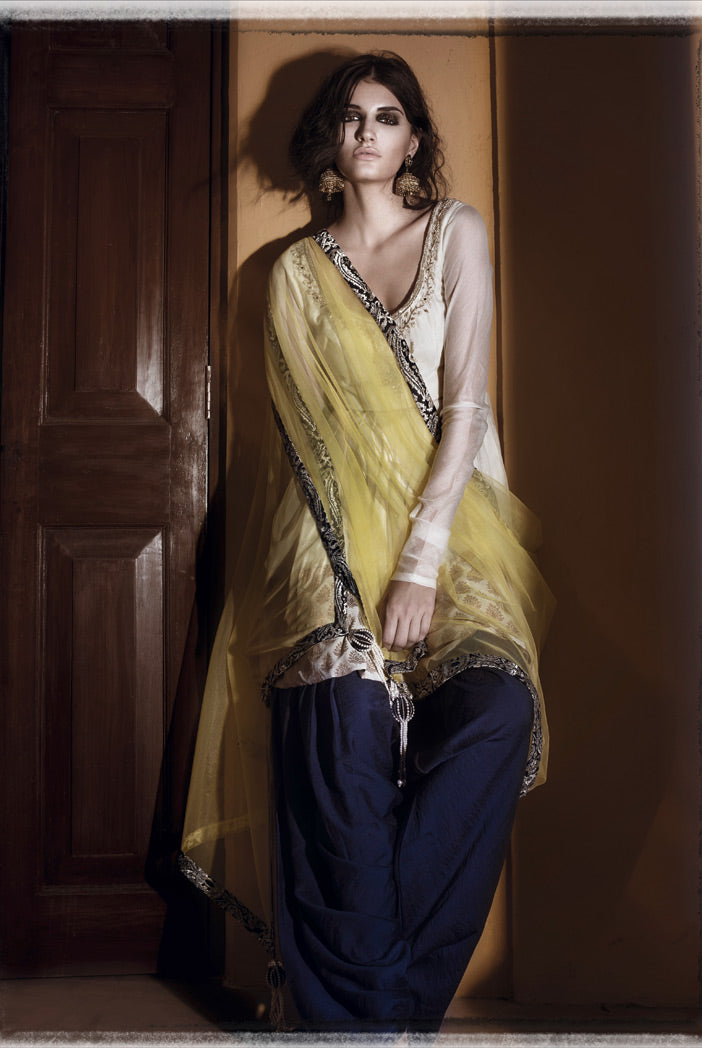 Sanam Cream Silkmul Anarkali with Navy Salwar and Lime Tule Dupatta