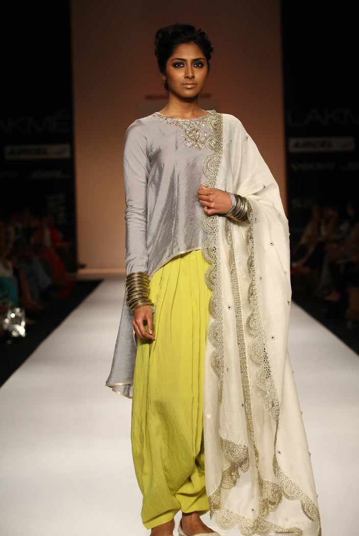 Chaand Grey Cotton Silk High-Low Kurta with Lime Green Patiala Salwar and Cream Silkmul Dupatta