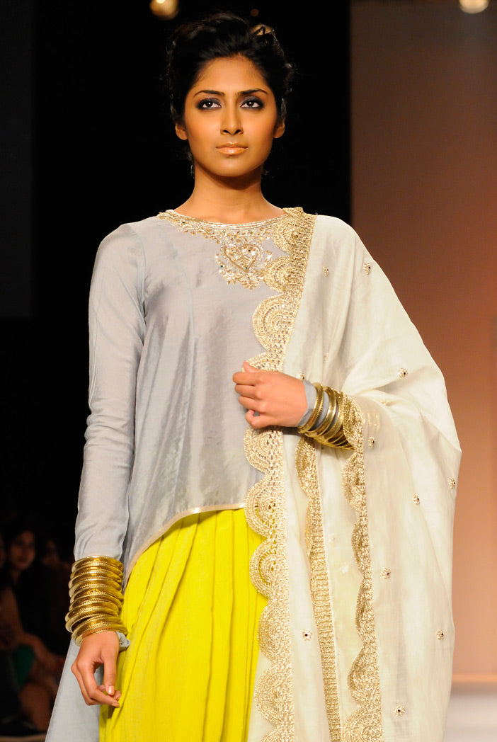 Chaand Grey Cotton Silk High-Low Kurta with Lime Green Patiala Salwar and Cream Silkmul Dupatta