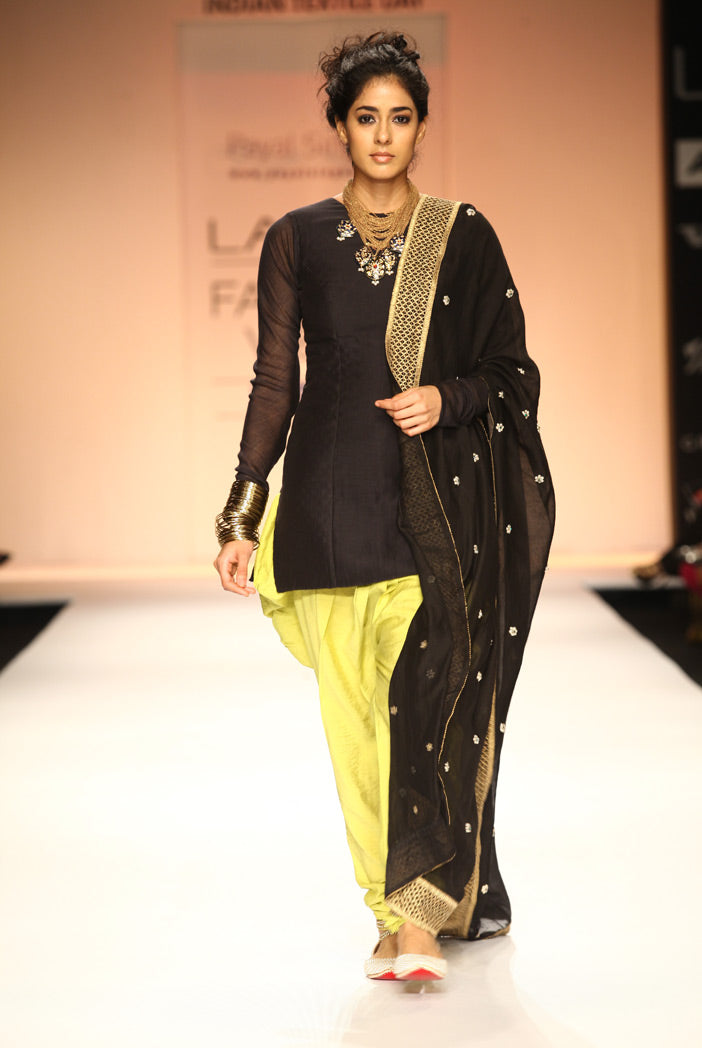 Diva Black Silkmul Kurta with Lime Green Cotton Silk Jodhpur Pant and Black Dupatta