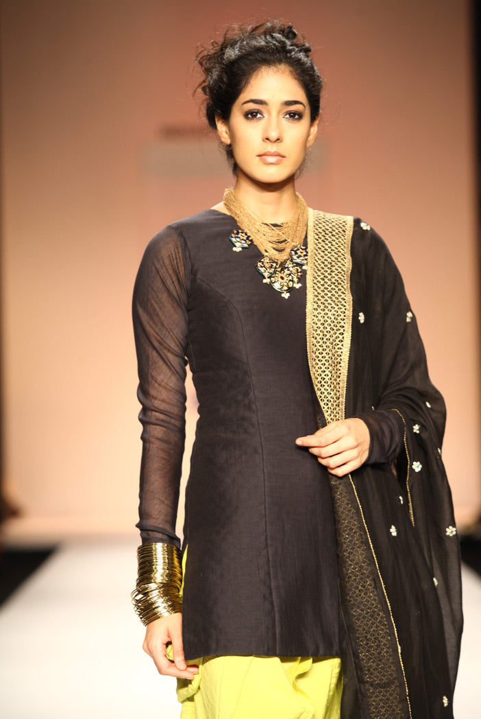 Diva Black Silkmul Kurta with Lime Green Cotton Silk Jodhpur Pant and Black Dupatta