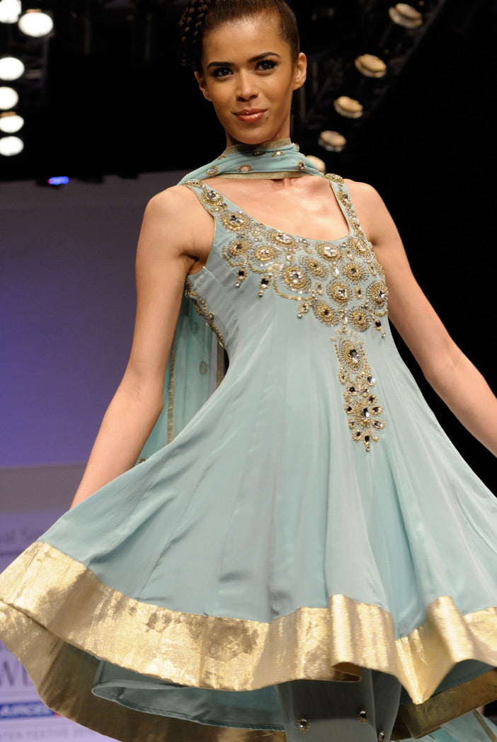 Amara Powder Blue Crepe Short Anarkali with Soft Net Churidar and Georgette Dupatta