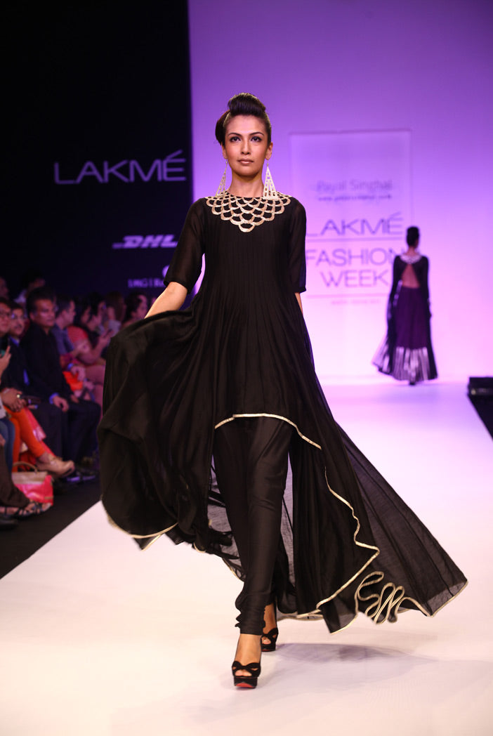 Bahar Black Silkmul Asymmetric kurta with Churidar