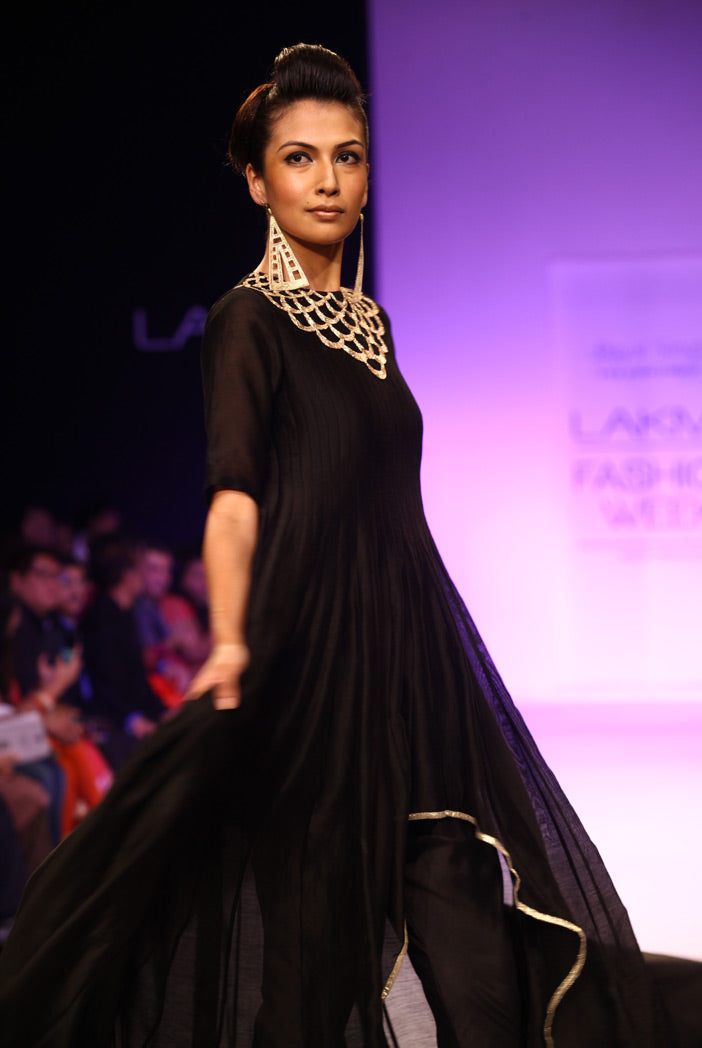 Bahar Black Silkmul Asymmetric kurta with Churidar