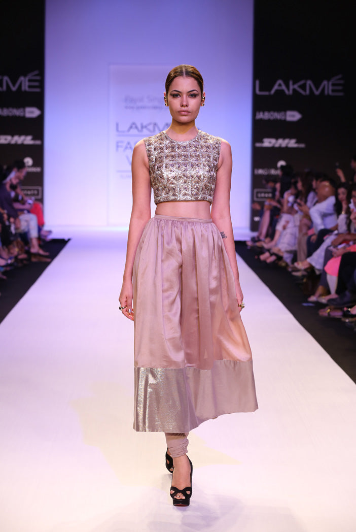 Noelle Embroidered Choli with Mocha Silkmul Skirt with Soft Net Churidar
