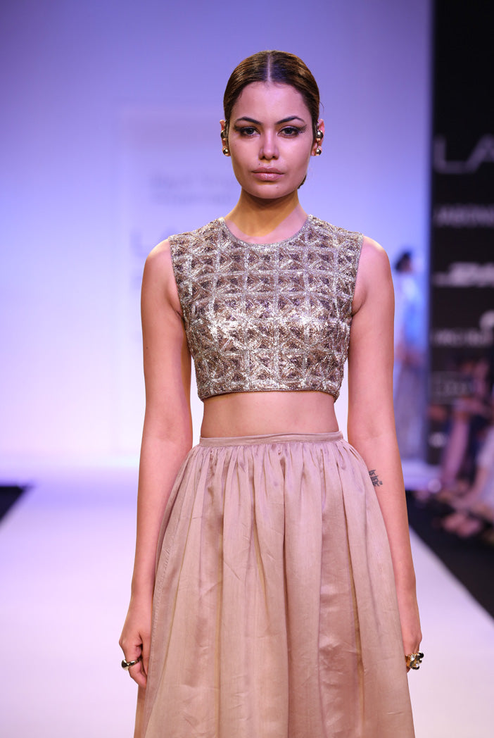 Noelle Embroidered Choli with Mocha Silkmul Skirt with Soft Net Churidar
