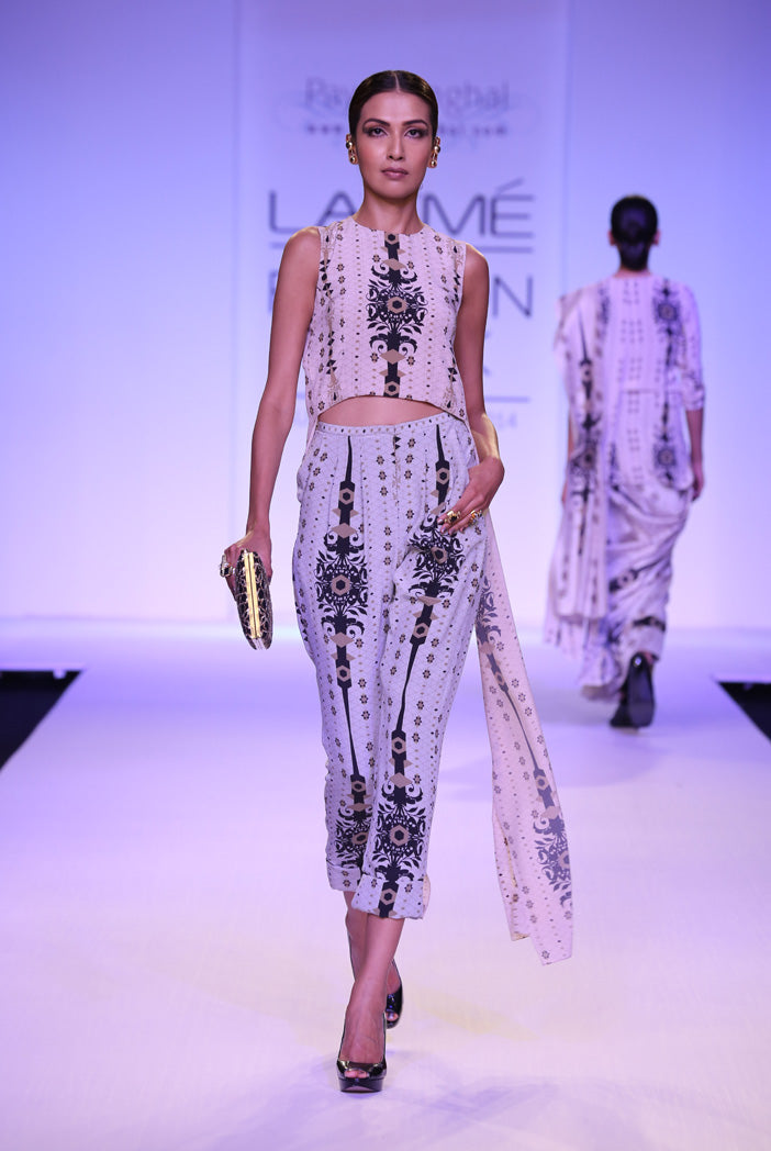 Nadine Stone Printed Crepe Crop Tunic with Pale Blue Printed Roll Up Pant