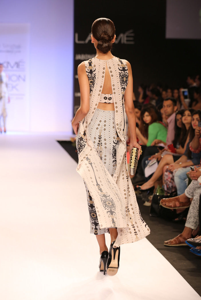 Nadine Stone Printed Crepe Crop Tunic with Pale Blue Printed Roll Up Pant