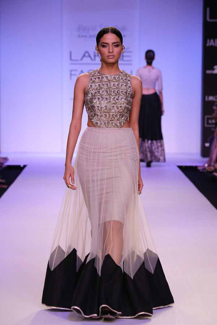 Jezmine Gold Tulle Panelled with Black Tiangle Hem Gown