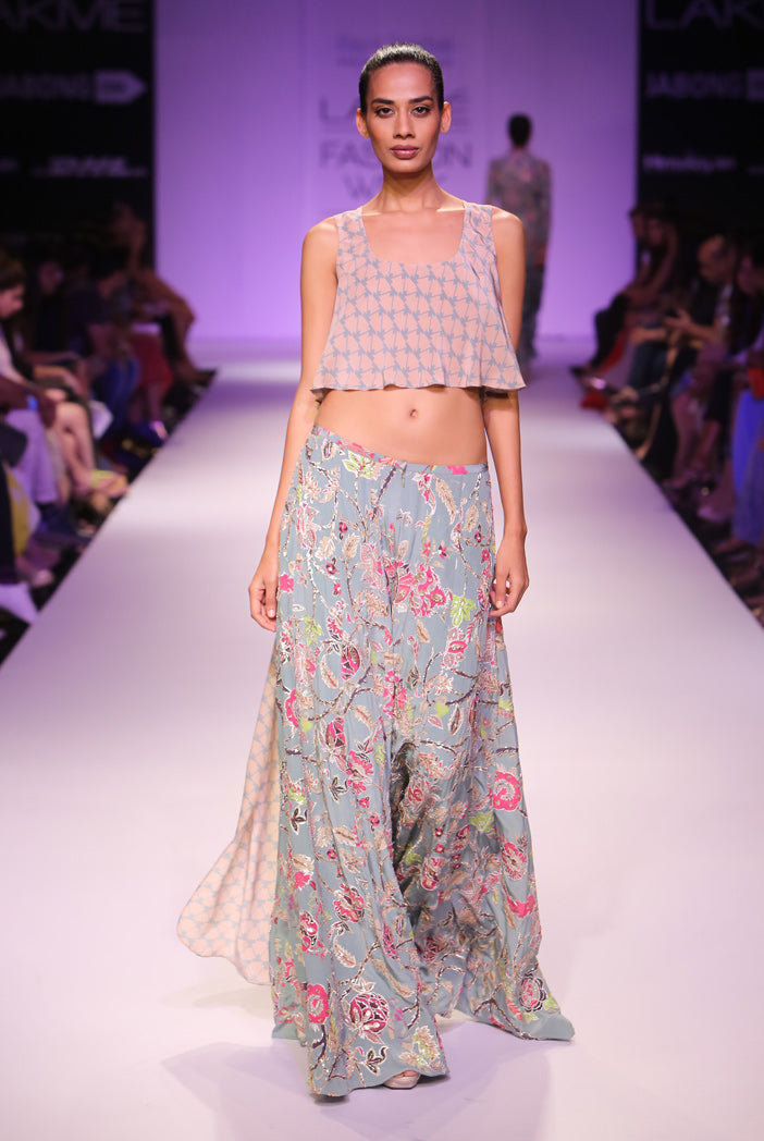 Leela Blush and Blue Printed High Low Top with Printed Sharara Pant