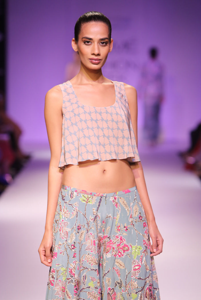 Leela Blush and Blue Printed High Low Top with Printed Sharara Pant