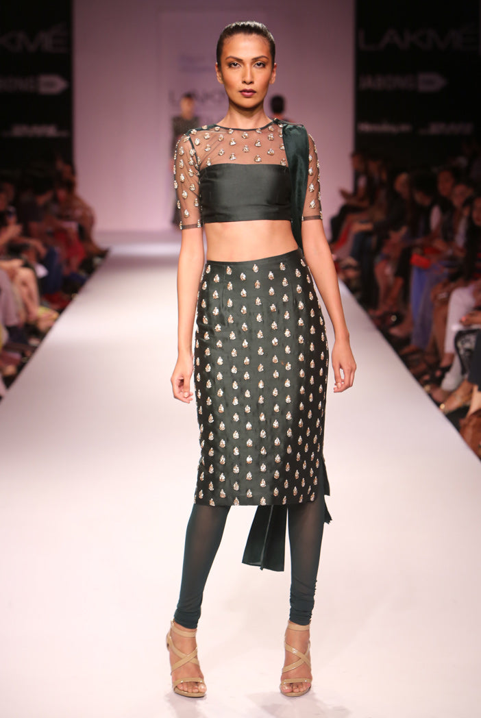 Veda Emerald Green Silkmul and Tulle Choli with Fitted Churidar Skirt and Silk Pleated Dupatta