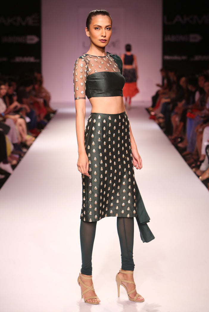 Veda Emerald Green Silkmul and Tulle Choli with Fitted Churidar Skirt and Silk Pleated Dupatta