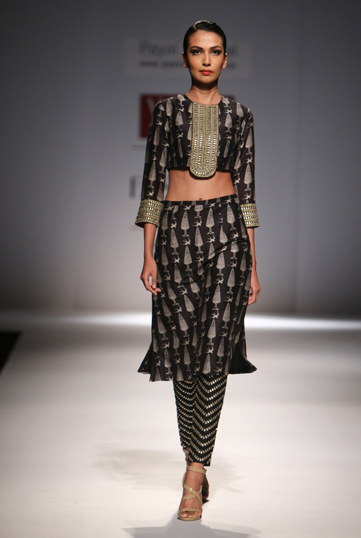 Gulbahar  Printed Silkmul Choli with Printed Skirt and Attached Black Dupion Silk Churidar