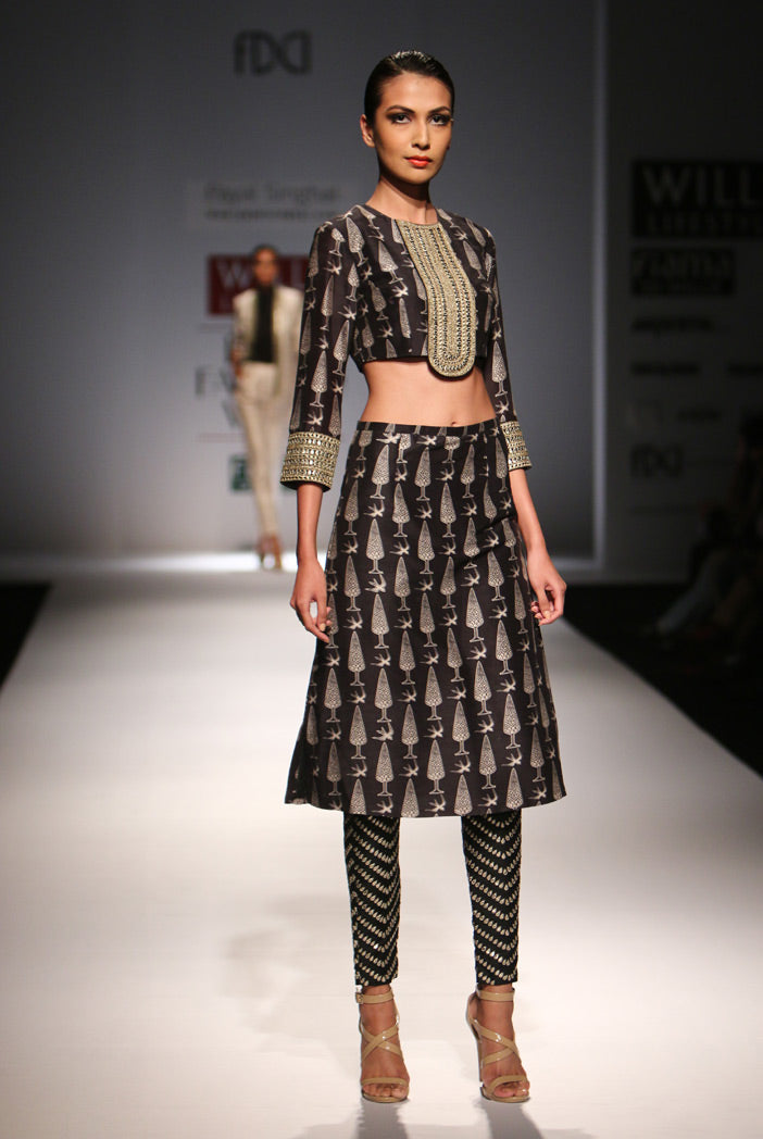 Gulbahar  Printed Silkmul Choli with Printed Skirt and Attached Black Dupion Silk Churidar