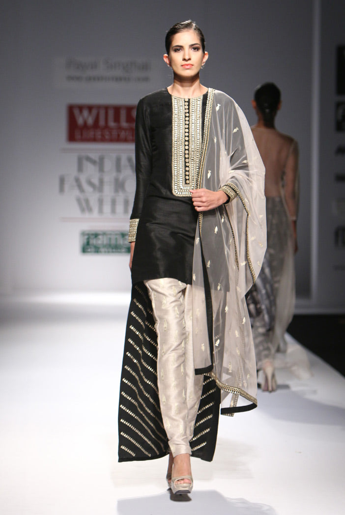 Nishat Black Dupion Silk High-Low Kurta with Stone Dupion Silk Cigarette Pant and Net Dupatta