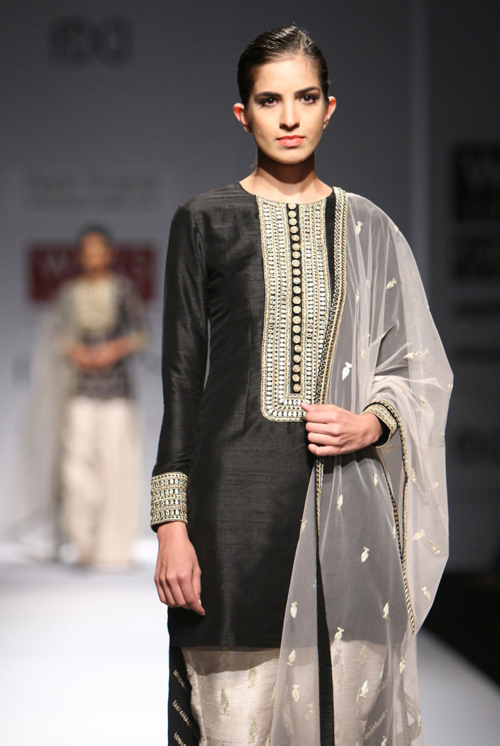 Nishat Black Dupion Silk High-Low Kurta with Stone Dupion Silk Cigarette Pant and Net Dupatta