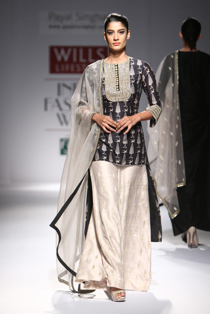 Bulbul Black Print Silkmul High-Low Kurta with Stone Dupion Silk Palazzos and organza Dupatta